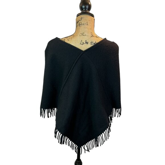 James Pringle Weavers 100% Wool Black Fringe Poncho Wrap Womens Made In Scotland - Picture 4 of 7